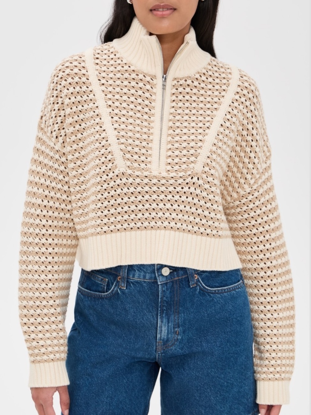 NWT Staud Hampton Striped Crochet Mock Neck Knit Zip Sweater Breeze Crème Tan